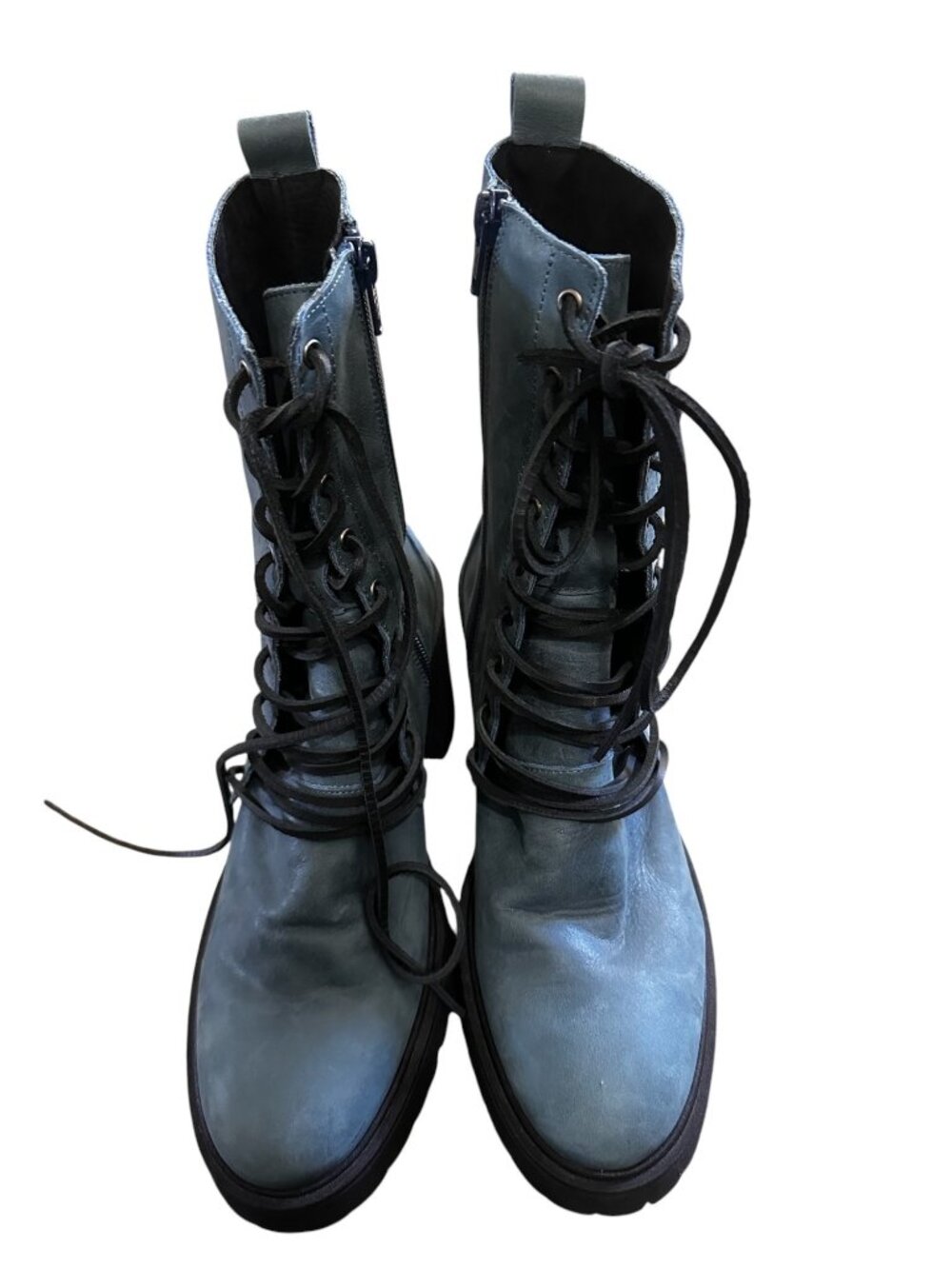 Free People Leather Dylan Lace Up Boots 39 8.5 Blue Block Chunky Witchy Grunge - Picture 6 of 14